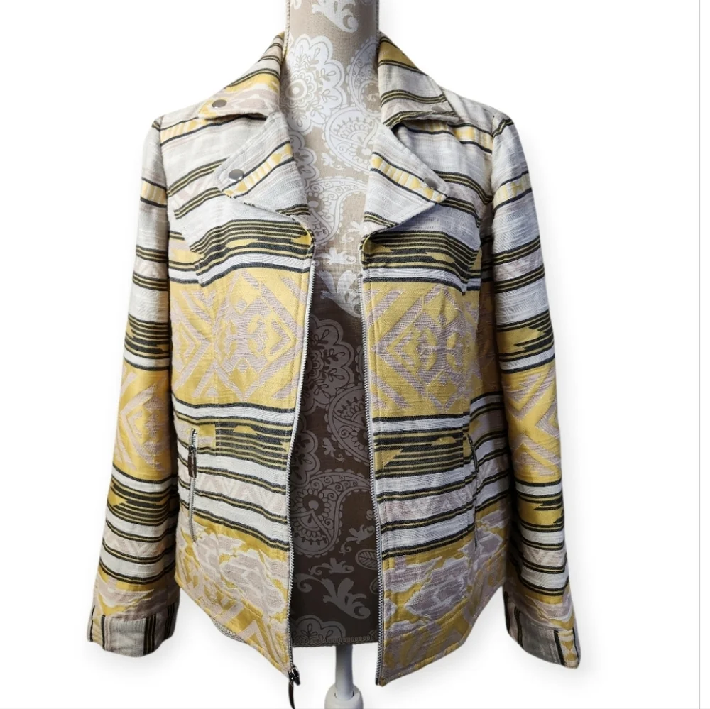 CHICO'S Aztec Southwest Jacquard Moto Western Yellow Black Striped Jacket Sz. M